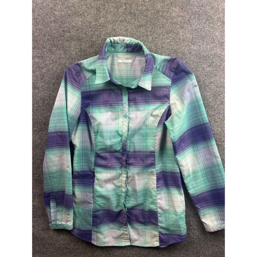 Columbia Button Down Shirt Womens Small Teal Purple Plaid Omni-Wick Long Sleeve